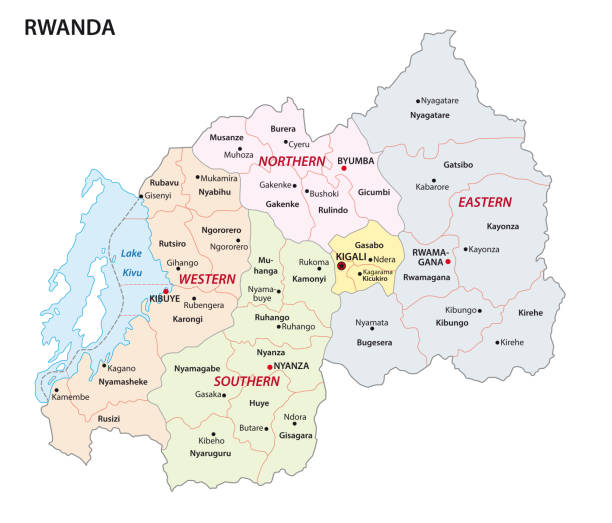 illustrazioni stock, clip art, cartoni animati e icone di tendenza di mappa amministrativa della repubblica del ruanda - ruanda