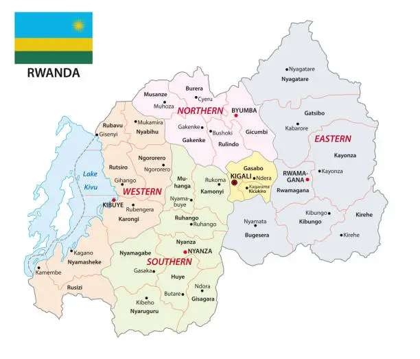 Vector illustration of administrative map of the african state Republic of Rwanda with flag