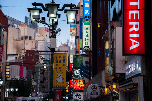 Shinjuku, Tokyo, lively business center, buildings and signboards