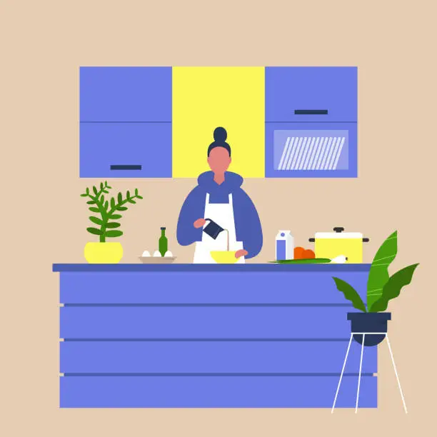 Vector illustration of Young female chief cooking food at the kitchen island table