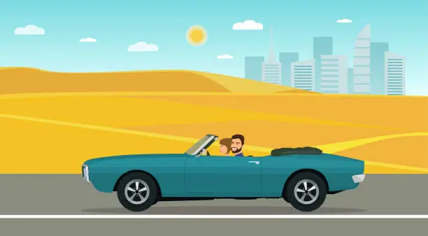 Vector illustration of A man and a woman ride in a classic convertible car along the desert road. Vector flat style illustration.