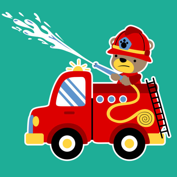 вектор мультфильм смешно пожарный на дежурстве - engine car truck hose stock illustrations