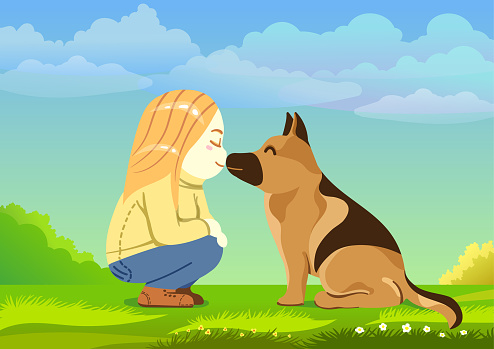 Cute Blonde Girl Kissing Her Dog German Shepherd Happy Cartoon Vector Stock  Illustration - Download Image Now - iStock