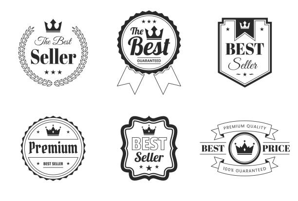 ilustrações de stock, clip art, desenhos animados e ícones de set of "best" badges and labels (outline, line art) - design elements - crown black banner white