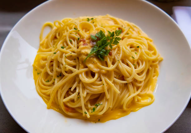 Carbonara Spaghetti on a Plate stock photo