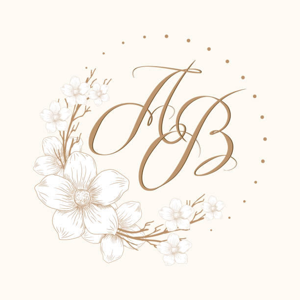 ilustrações de stock, clip art, desenhos animados e ícones de elegant floral monogram with two letters ab. design template floral frame, leaves and elements, calligraphic letters. monogram for invitation, wedding or greeting cards, emblem and label. elegant ornament. - invitation love shape botany