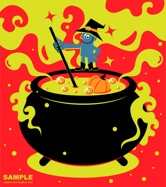 Happy Halloween, wizard standing on top of a big cauldron (stew pot) and cooking food Halloween Cartoon Characters Design, Full Length Vector art illustration, Copy Space, Red, Orange, Black, Flat.
Happy Halloween, wizard standing on top of a big cauldron (stew pot) and cooking food. cauldron stock illustrations