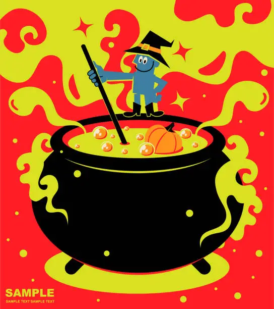 Vector illustration of Happy Halloween, wizard standing on top of a big cauldron (stew pot) and cooking food