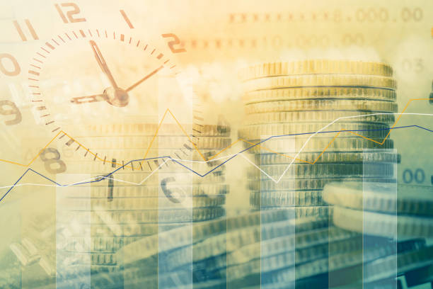 double exposure of coins and clock with graph for business and finance background - stock market stock exchange banking stock market data imagens e fotografias de stock