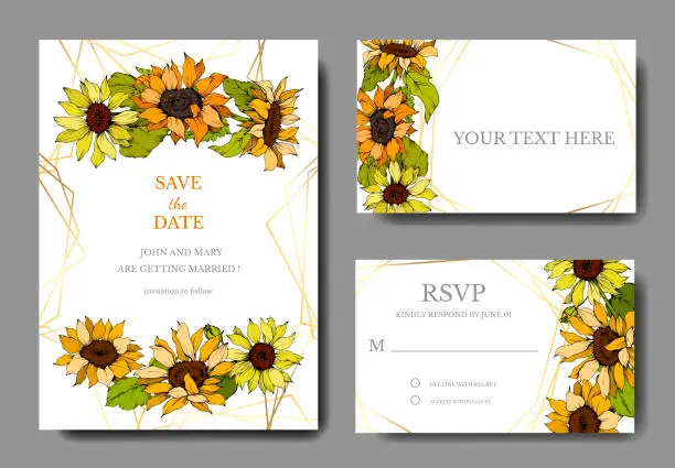 Vector illustration of Vector Sunflower botanical flowers. Yellow and green engraved ink art. Wedding background card floral decorative border.