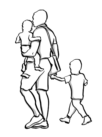 Single dad walking carrying his baby boy and holding his son's hand. Rough sketch vector illustration.