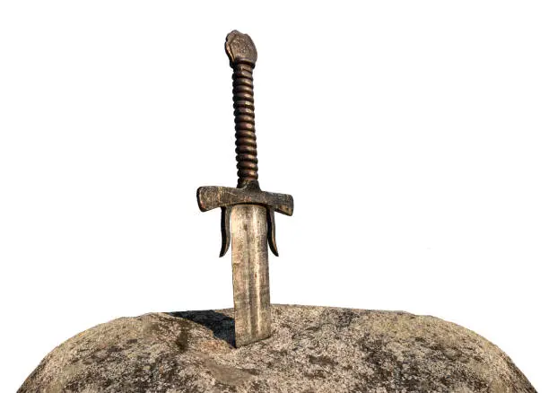 toy model Excalibur, King Arthur's sword in the stone isolated on white background. Edged weapons from the legend Pro king Arthur.