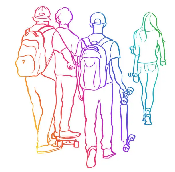 Vector illustration of Skater Friends Walking Away Together