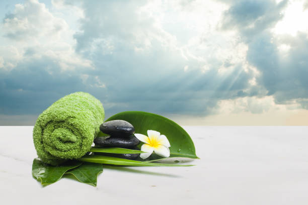 istock Spa objects with stones and flower for healthy therapy. Spa conc 1181566207