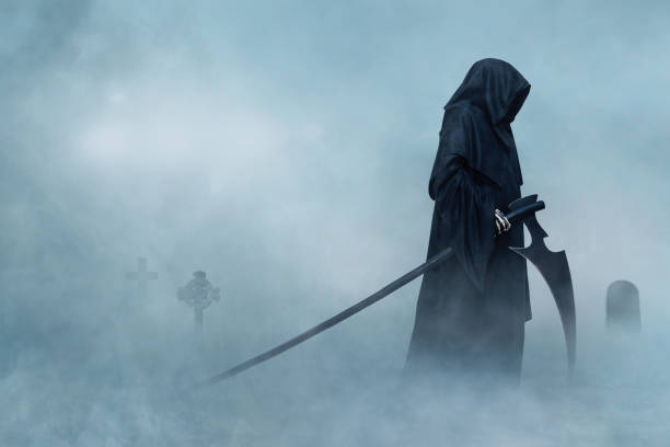 Grim Reaper Grim Reaper walking in fog. Halloween. murderer photos stock pictures, royalty-free photos & images