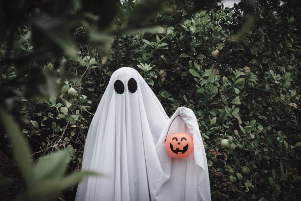 istock Ghost covered with a white ghost sheet on a forest with halloween pumpkin candy jar. 1181568712