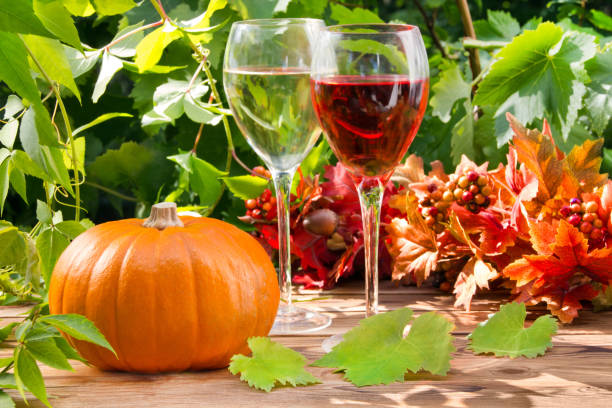 istock Pumpkin and autumn decoration with wine 1181576781