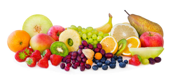 istock Various fresh fruits on white background 1181576996