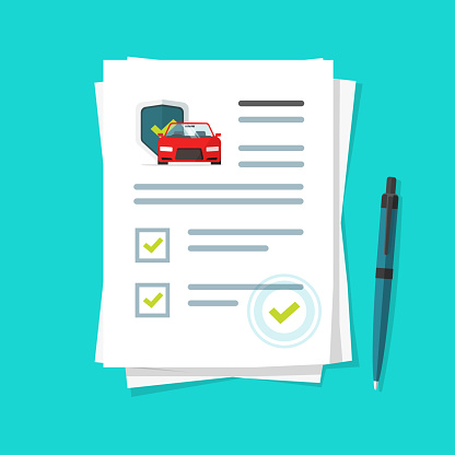 Car insurance document report vector illustration, flat cartoon paper agreement checklist or loan checkmarks form list approved with automobile under umbrella icon, vehicle financial or legal deal