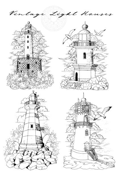 ilustrações, clipart, desenhos animados e ícones de jogo do projeto de faróis medievais velhos isolados no branco. - lighthouse beacon sailing storm