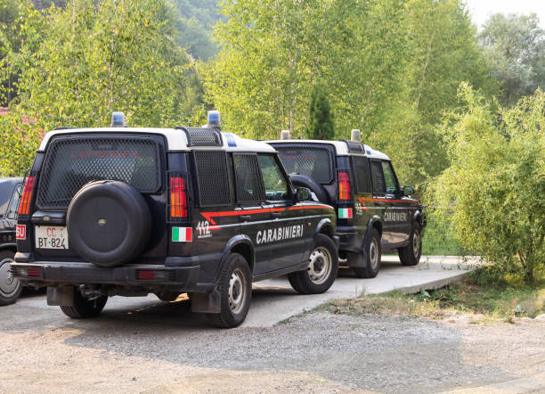 Doljane village, Northern Kosovo, Carabinieri vehicles parked on the parking lot, 12th August 2017. stock photo