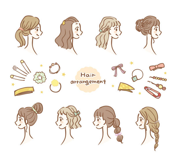 ilustrações, clipart, desenhos animados e ícones de jogo da ilustração do arranjo do cabelo e dos acessórios do cabelo - media mixed