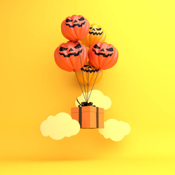 istock Happy Halloween design creative concept celebration holiday, pumpkin balloon, gift box and clouds on orange background. 1181589924