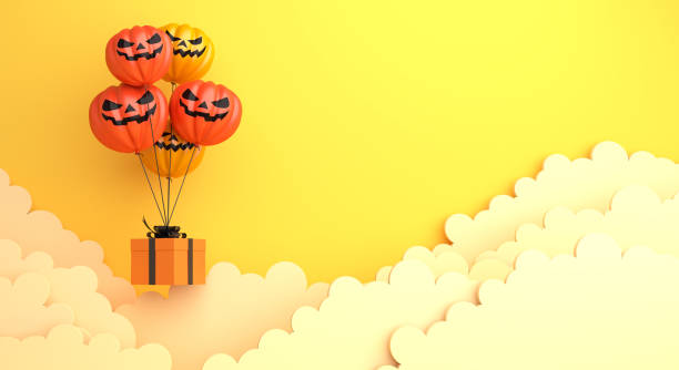 istock Happy Halloween design creative concept celebration holiday, pumpkin balloon, gift box and clouds on orange background. 1181589932