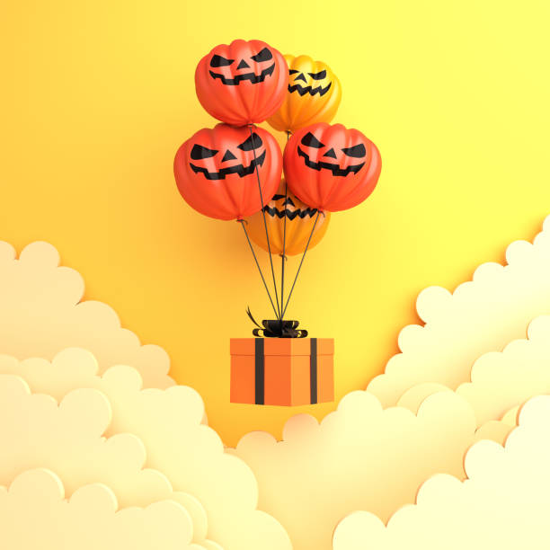istock Happy Halloween design creative concept celebration holiday, pumpkin balloon, gift box and clouds on orange background. 1181589940