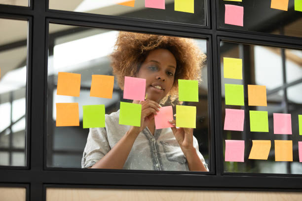 istock African businesswoman writing thoughts and ideas on sticky adhesive notes 1181590466