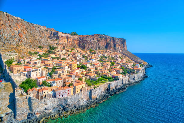 Aerial view of the old town of Monemvasia in Lakonia of Peloponnese, Greece. Aerial view of the old town of Monemvasia in Lakonia of Peloponnese, Greece. Monemvasia is often called "The Greek Gibraltar". byzantine photos stock pictures, royalty-free photos & images