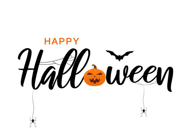 ilustrações de stock, clip art, desenhos animados e ícones de happy halloween lettering with bat, spiders and pumpkin. vector - bat animal flying mammal