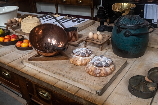 Victorian kitchen mock up with bread an utensils laid out in a scene