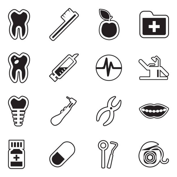 ilustraciones, imágenes clip art, dibujos animados e iconos de stock de iconos dentistas. línea con diseño de relleno. ilustración vectorial. - dental hygiene elegance black toothbrush