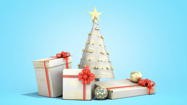 istock new year decorative Christmas tree and new year Gift Boxes 3d render on blue gradient 1181592978