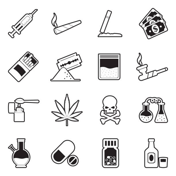 Drugs Icons. Line With Fill Design. Vector Illustration. Marijuana, Lsd, Methamphetamine, Cocaine, Heroin, Addict drug cartel stock illustrations