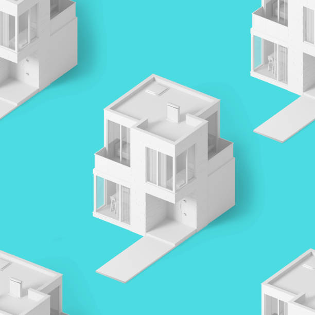 istock Seamless texture with isometric image of a modern small house on a rich blue background. 3D illustration 1181593487