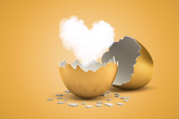 istock 3d rendering of white fluffy heart-shaped cloud that just hatched out from golden egg. 1181596002