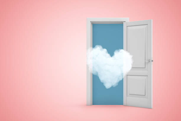 istock 3d rendering of thin heart-shaped cloud flying out from open doorway on pink gradient copyspace background. 1181596038