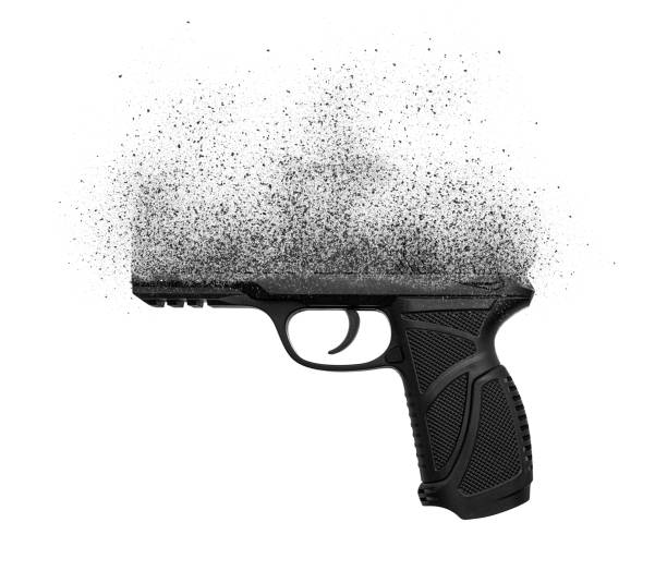 un arma desmoronándose en partículas en el espacio se aísla sobre un fondo blanco. no más armas, concepto. pistola de pistola aislada sobre fondo blanco - nobody handgun gun part of fotografías e imágenes de stock