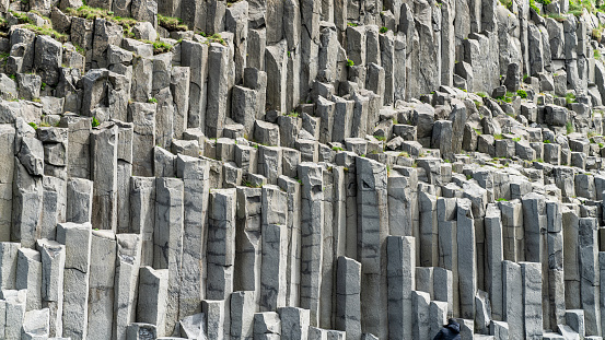 Basalt columns geological formation at Reynisfjara beach, southern coast of Iceland