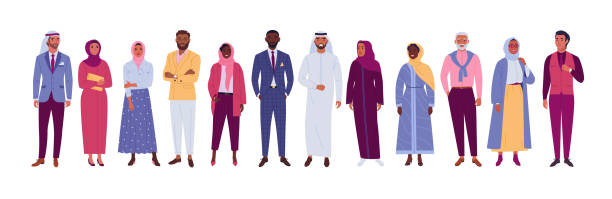 Muslim people collection. Vector illustration of diverse cartoon islam people in office and casual outfits. Isolated on white. arab woman stock illustrations