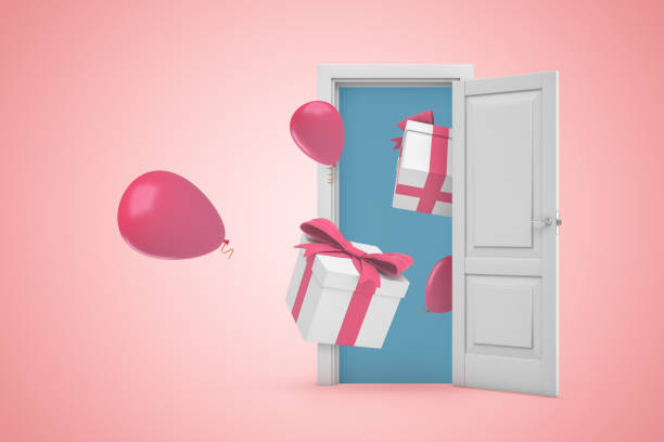 istock 3d rendering of a white open doorway with gift boxes and pink balloons on light pink background 1181600514