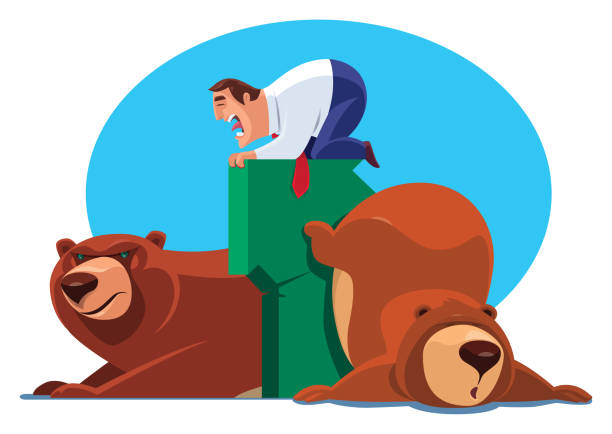 ilustrações, clipart, desenhos animados e ícones de homem de negócios com sinal e ursos da seta - bear market finance business cartoon