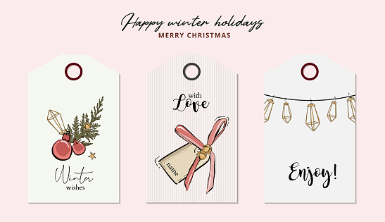 Merry Christmas hand-drawn greeting cards with jingle bells, balls, geometric garland and typography quotes. Happy New Year design illustration. Noel drawing.