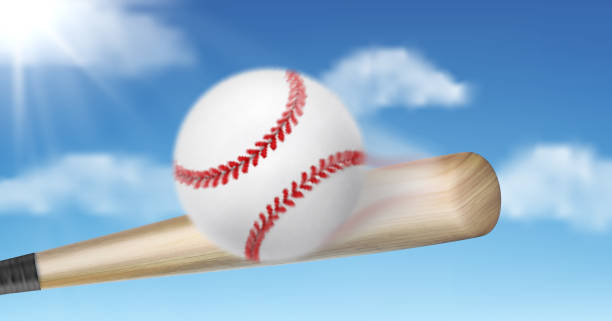 Baseball bat hitting ball 3d realistic vector Baseball bat hitting, smashing ball on sunny, blue sky background. Team sport tournament or championship concept design. Outdoor activity, hobby leisure game inventory 3d realistic vector illustration softball homerun stock illustrations