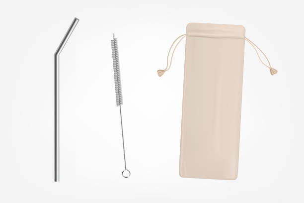 Reusable drinking straw kit items realistic vector Metal, bendy drinking straw, steel cleaning brush and leather, fabric case, breathable pouch for reusable cocktail straw kit items carry 3d realistic vector objects set isolated on white background drinking straw stock illustrations