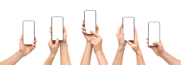 Set of woman's hands using smartphone with blank screen, isolated on white background, panorama