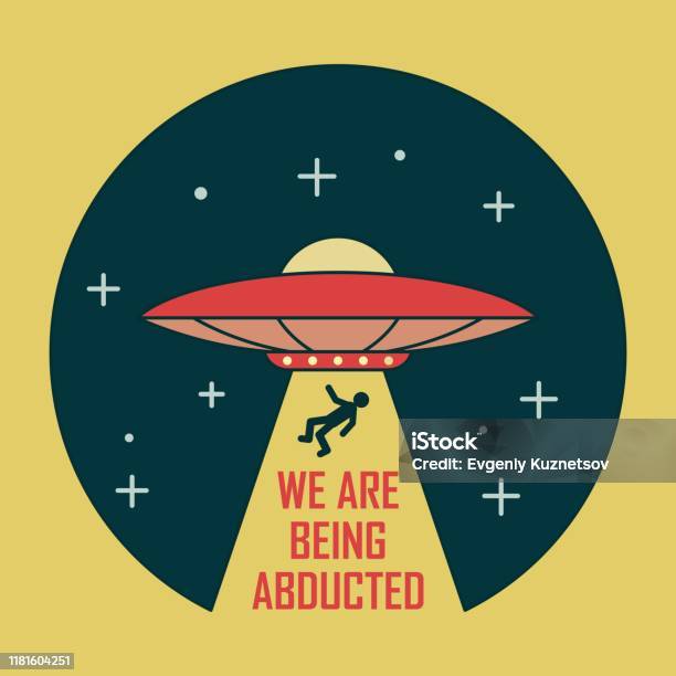 Kolorowa Ilustracja Gwiazdy Ufo Promień Kosmosu Z Człowiekiem I Tekstem - Stockowe grafiki wektorowe i więcej obrazów UFO