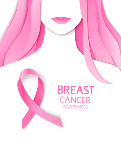 Breast cancer awareness month design template. Pink ribbon with text  and female silhouette isolated on white. vector art illustration